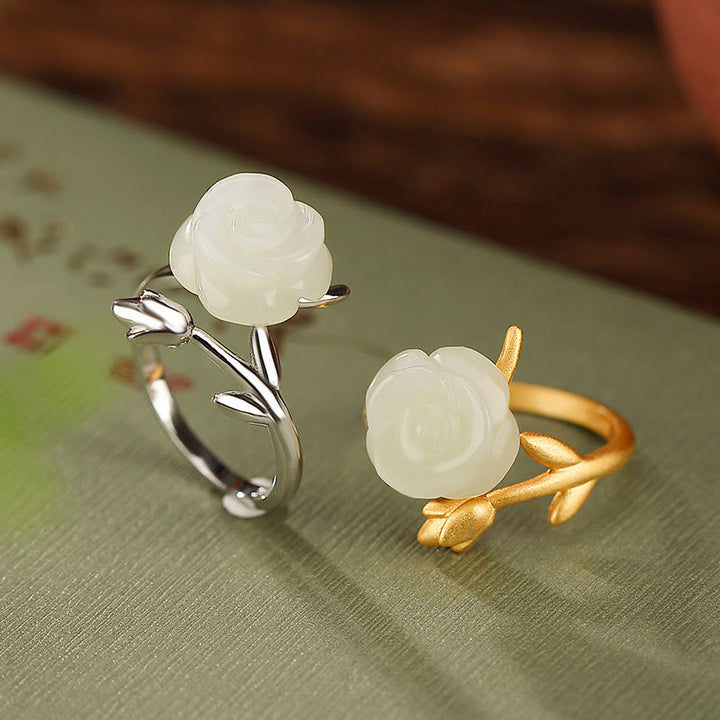 Buddha Stones 925 Sterling Silver Plated Gold Rose Flower Hetian White Jade Happiness Ring