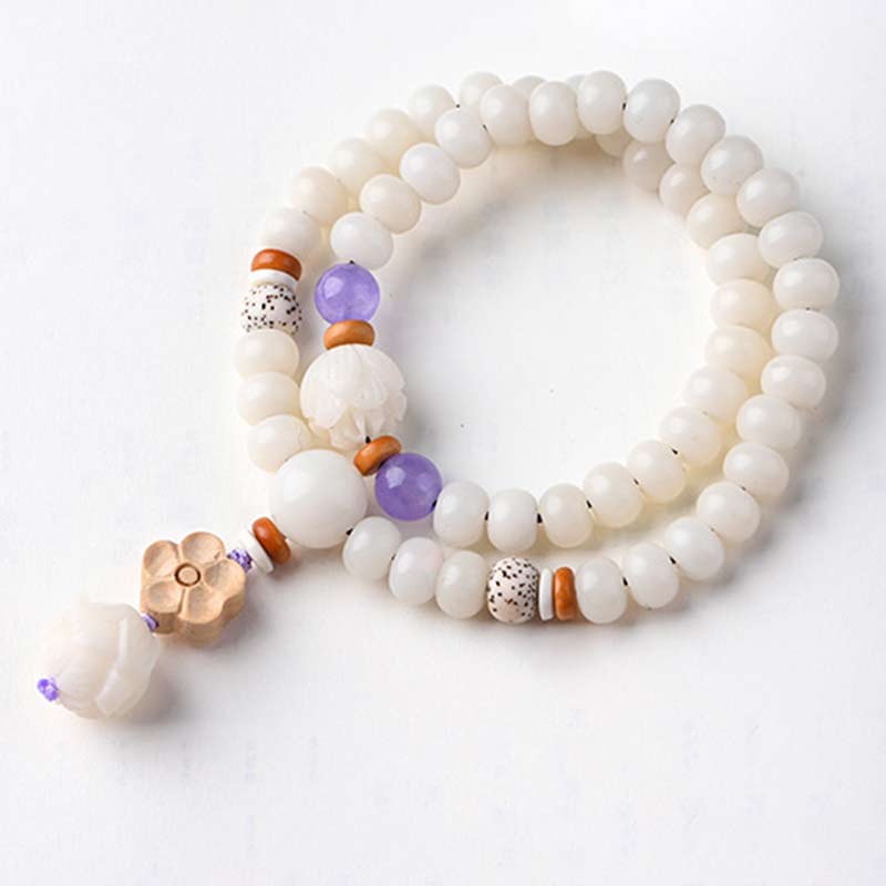 Buddha Stones Tibetan White Jade Bodhi Lotus Blessing Bracelet