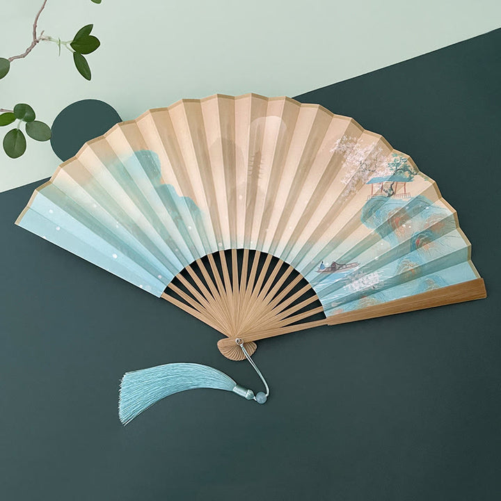 Buddha Stones Retro Lotus Flower Leaf Mountain Lake Handheld Folding Fan With Bamboo Frames