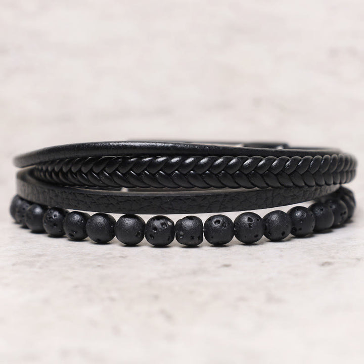 Buddha Stones Natural Lava Rock Black Onyx Bead Leather Bracelet