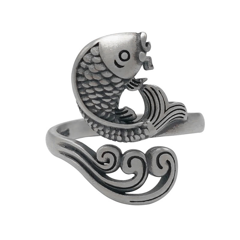 Buddha Stones 925 Sterling Silver Koi Fish Water Ripple Luck Wealth Ring