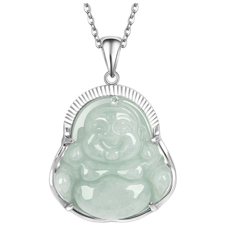 Buddha Stones 925 Sterling Silver Laughing Buddha Jade Luck Calm Necklace Chain Pendant