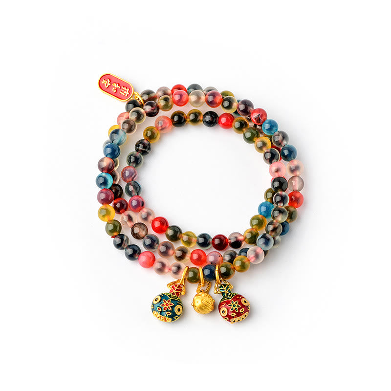 Buddha Stones Colorful Candy Agate Gold Swallowing Beast Family Strength Charm Triple Wrap Bracelet