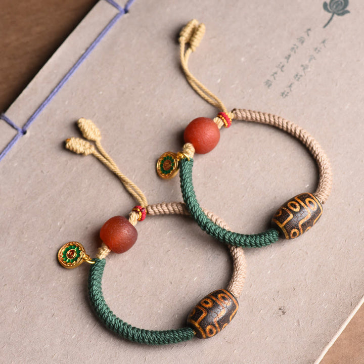 Buddha Stones Handmade Tibetan Nine-Eye Dzi Bead Wealth Rope Bracelet