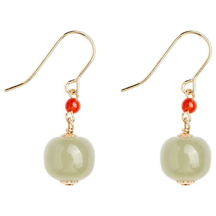 Buddha Stones 925 Sterling Silver 14K Gold Plated Hetian Jade Red Agate Luck Drop Dangle Earrings