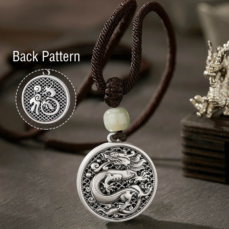 Buddha Stones 999 Sterling Silver Year of the Dragon Fu Character Hetian Jade Success Necklace Pendant