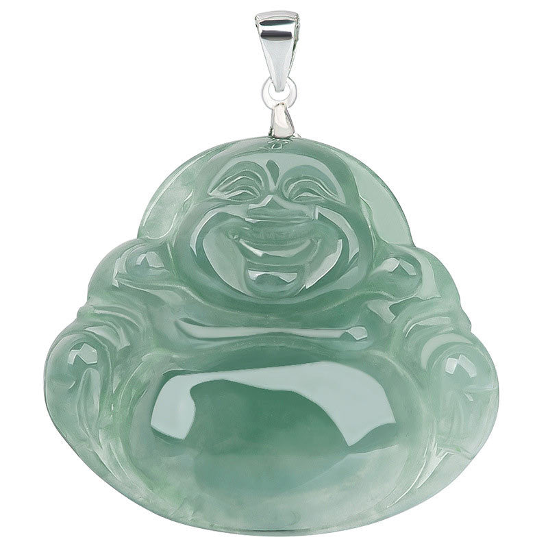 Buddha Stones 925 Sterling Silver Laughing Buddha Jade Protection Calm Necklace Chain Pendant