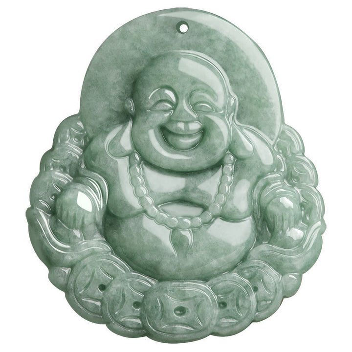 Buddha Stones Laughing Buddha Natural Jade Copper Coin Abundance Necklace Pendant