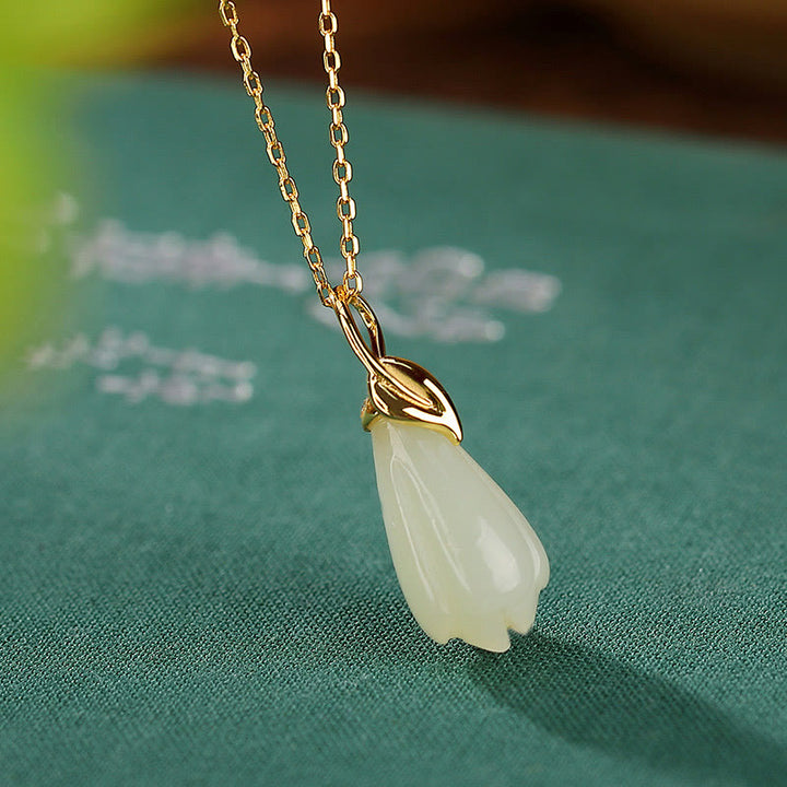 Buddha Stones 925 Sterling Silver Plated Gold Natural Hetian Jade Magnolia Flower Abundance Necklace Pendant