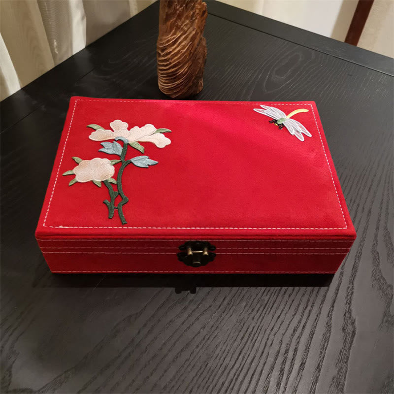 Buddha Stones Flowers Dragonfly Jewelry Box Organizer Single Layer Jewelry Storage Box Flannel Box