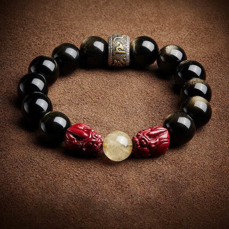 Buddha Stones Gold Sheen Obsidian PiXiu Cinnabar Om Mani Padme Hum Protection Bracelet