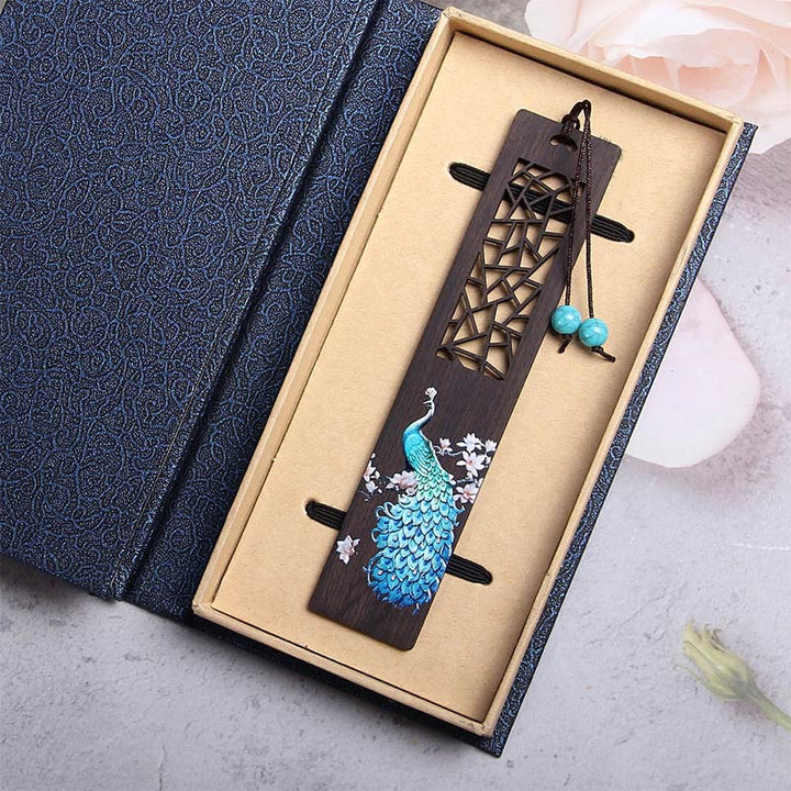 Buddha Stones Blue Peacock Ebony Wood Bookmarks With Gift Box