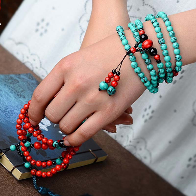 Buddha Stones Turquoise Black Onyx Red Turquoise Bead Protection Bracelet