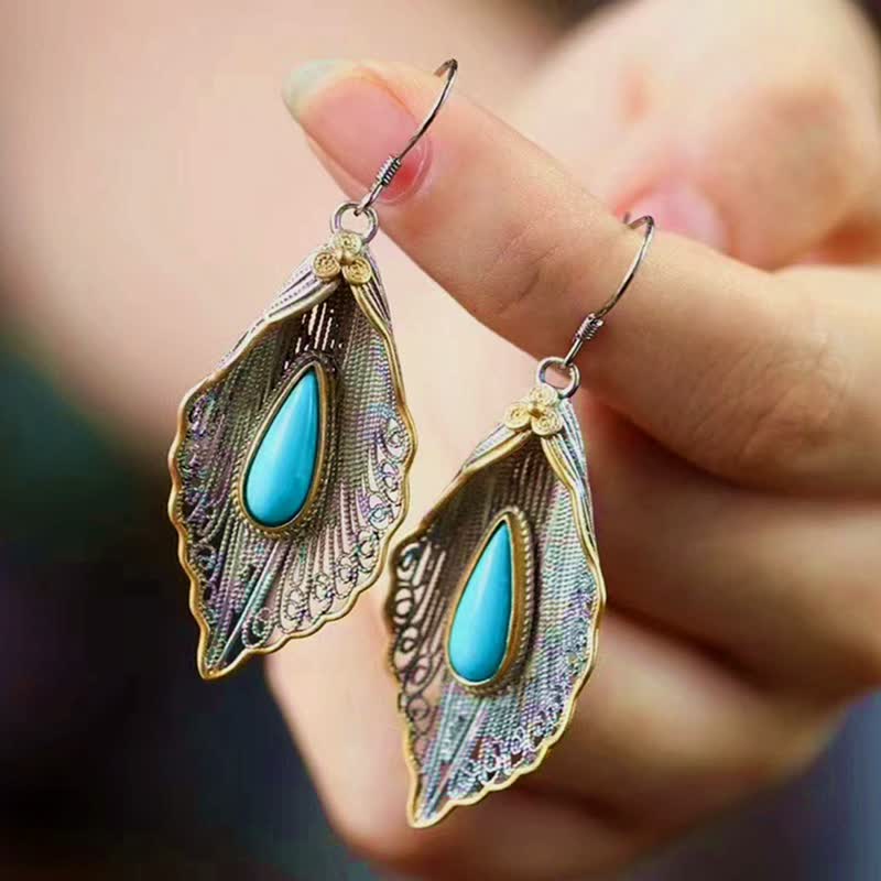 925 Sterling Silver Turquoise Bodhi Leaf Pattern Protection Drop Dangle Earrings