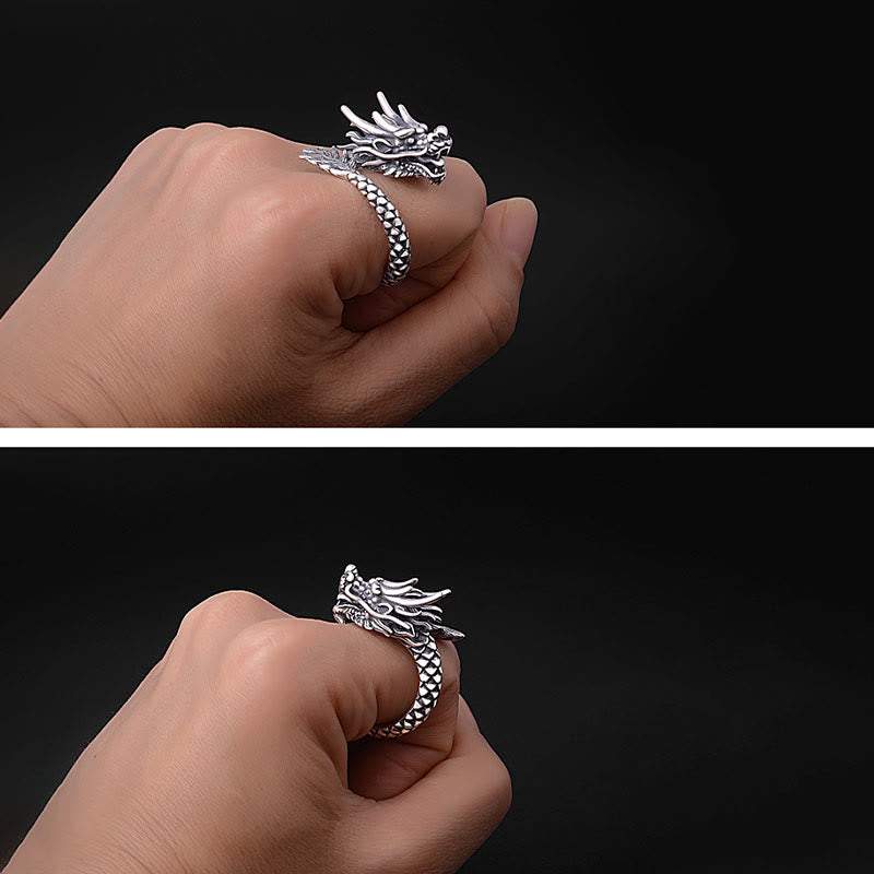 Buddha Stones 990 Sterling Silver Vintage Dragon Design Luck Protection Strength Adjustable Ring