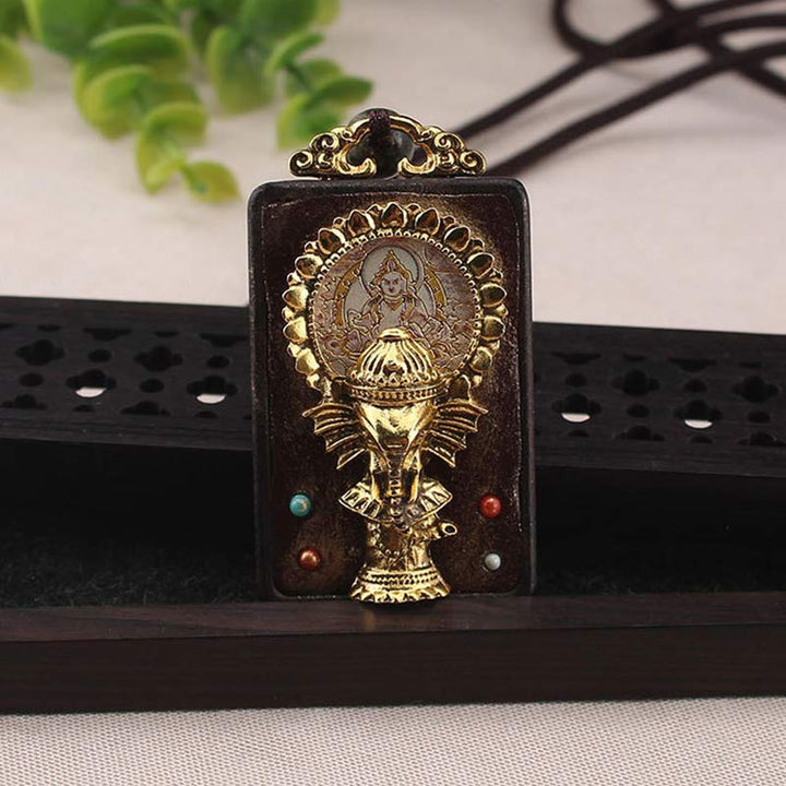 Ebony Wood Elephant God of Fortune Buddha Blessing Necklace String Pendant