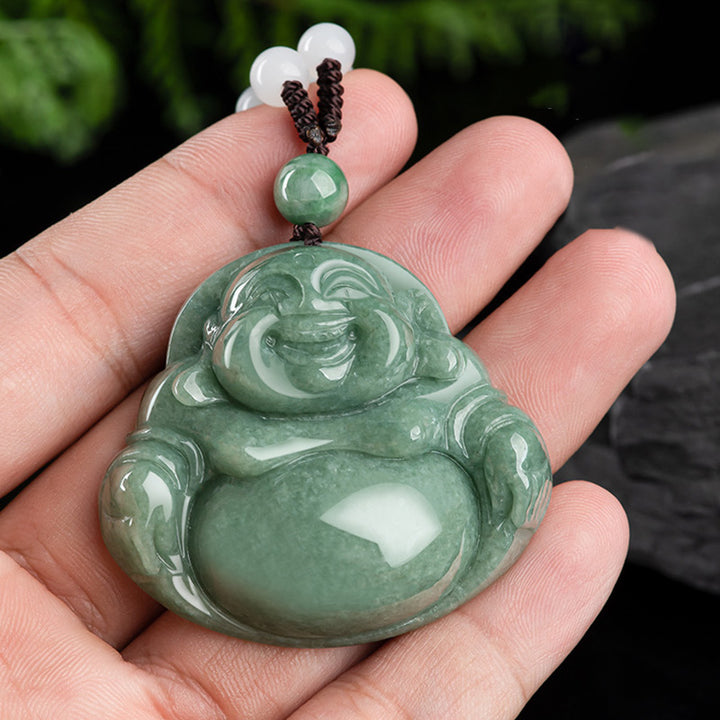 Laughing Buddha Cyan Jade Harmony Necklace String Bead Pendant