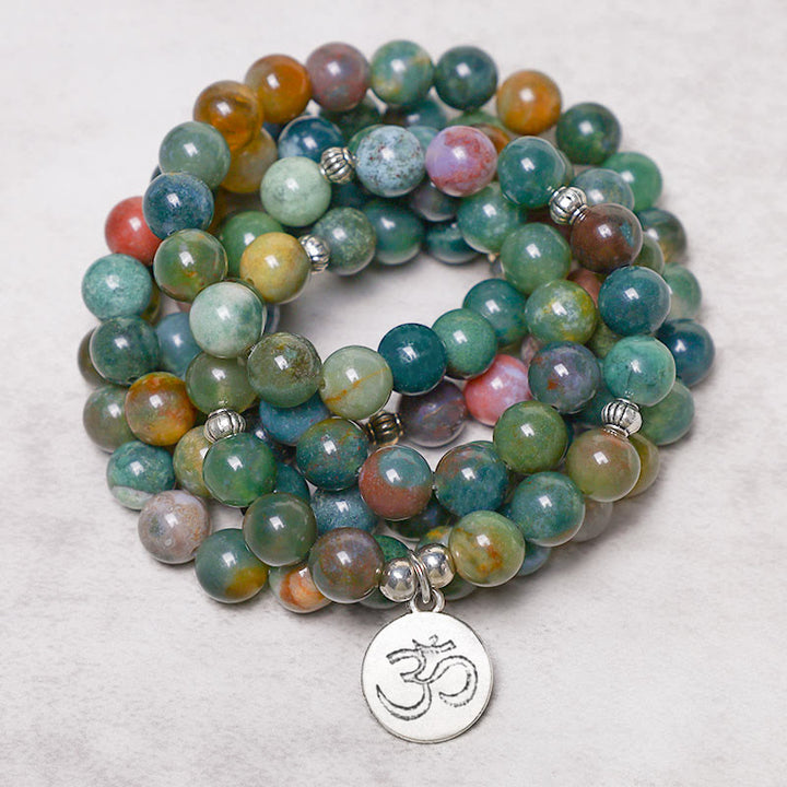 Buddha Stones 108 Mala Beads Indian Agate Lotus OM Buddha Tree of life Positive Calm Bracelet