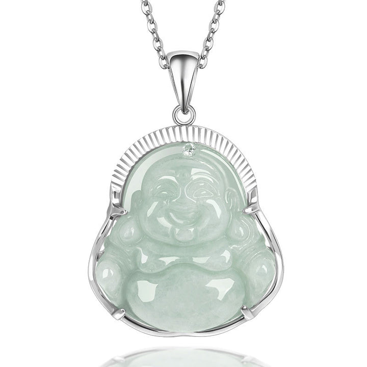 Buddha Stones 925 Sterling Silver Laughing Buddha Jade Luck Calm Necklace Chain Pendant