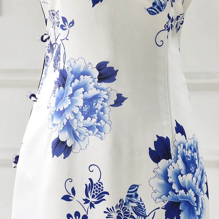 Buddha Stones Blue And White Porcelain Color Peony Flower Pattern Cheongsam Dress Women's Qipao Dress