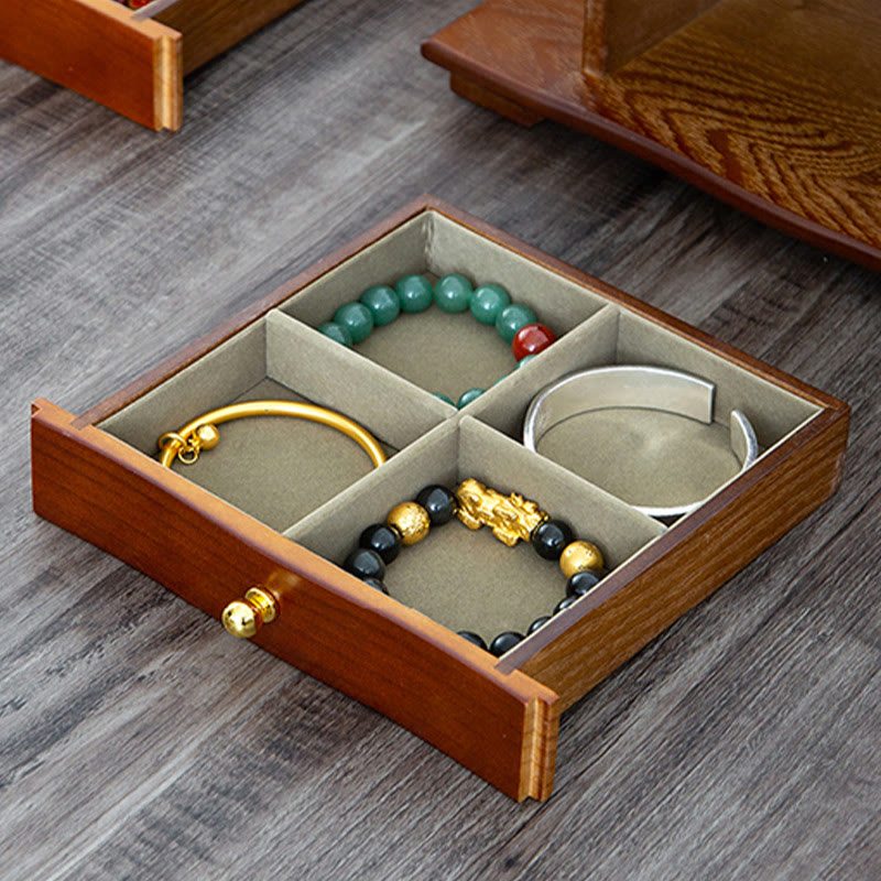 Buddha Stones Vintage Large Capacity Wooden Jewelry Box Jewelry Storage Box With Mirror