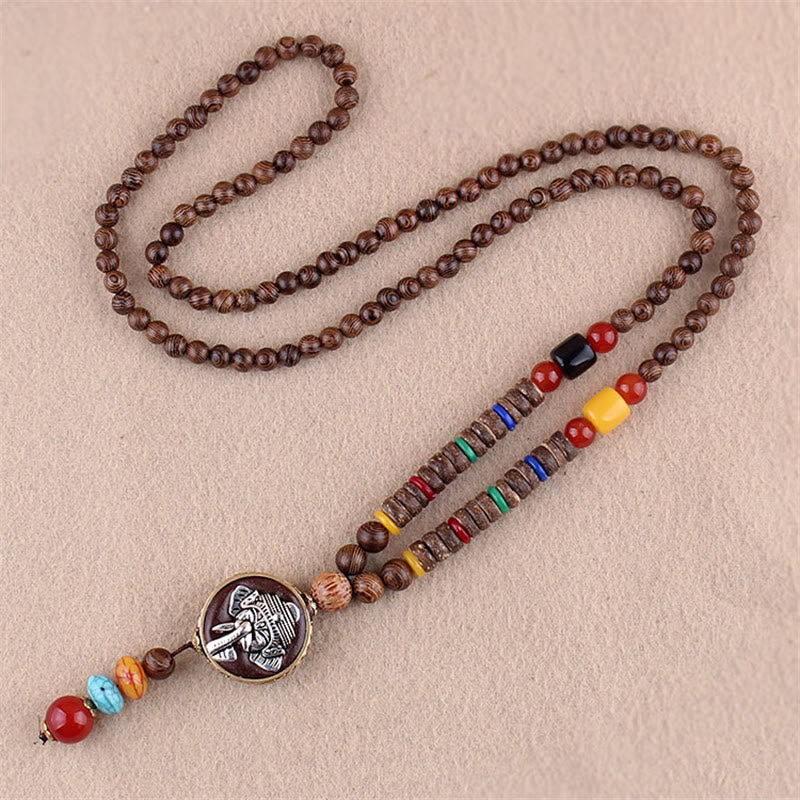 Buddha Stones Tibetan Wenge Wood Bodhi Seed Agate Elephant Protection Necklace Pendant