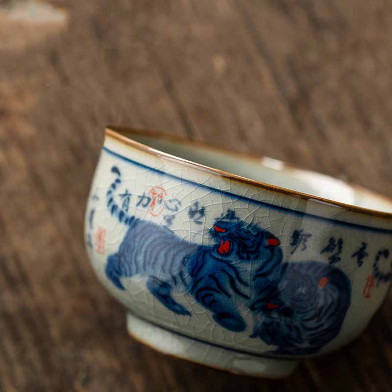 Buddha Stones Jingdezhen Hand Painted Cute Tiger Ceramic Teacup Kung Fu Tea Cup Bowl 140ml