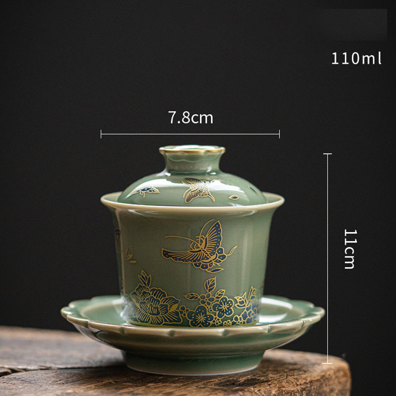 Buddha Stones Green Porcelain Butterfly Flower Salmon Fish Ceramic Gaiwan Sancai Teacup Kung Fu Tea Cup And Saucer With Lid