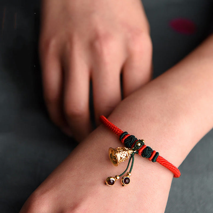 Buddha Stones 14K Gold Plated Copper Coin Bell Garnet Handcrafted Red Rope Bracelet