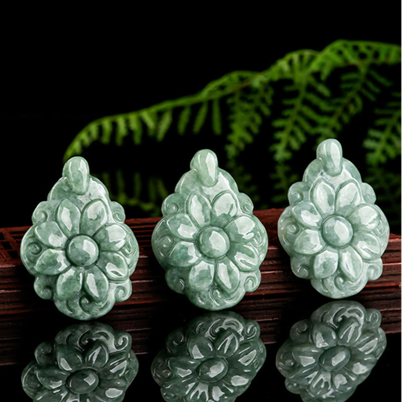 Buddha Stones Natural Jade Kalanchoe blossfeldiana Flower Pattern Luck Necklace Pendant