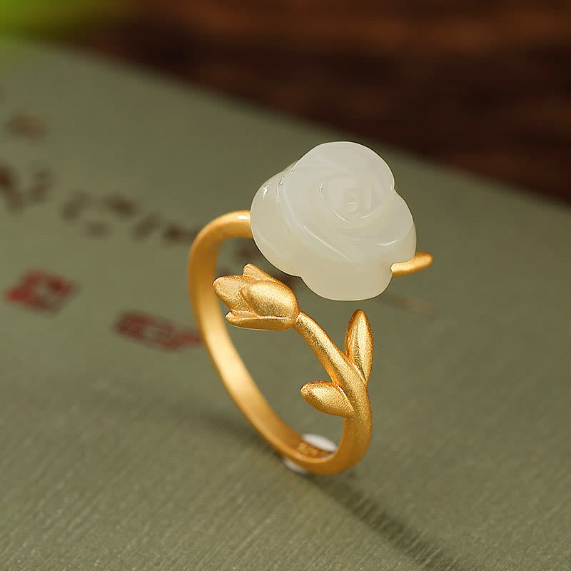 Buddha Stones 925 Sterling Silver Plated Gold Rose Flower Hetian White Jade Happiness Ring