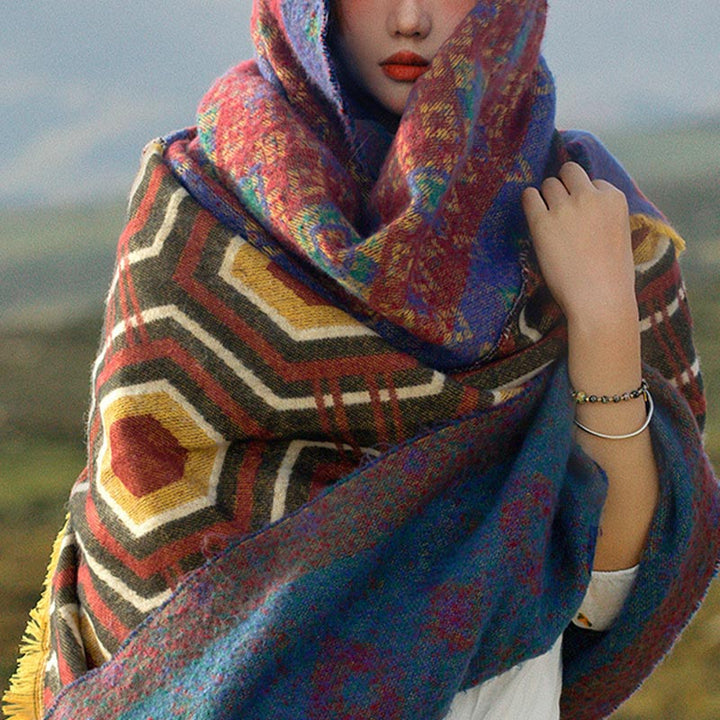 Buddha Stones Tibetan Shawl Brown Blue Red Geometric Shapes Pattern Winter Cozy Travel Scarf Wrap