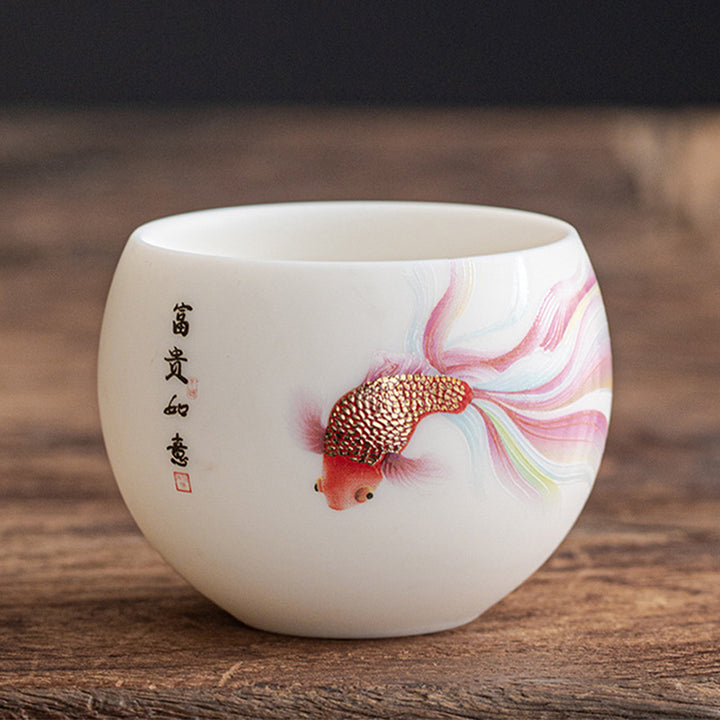 Buddha Stones Koi Fish White Porcelain Ceramic Teacup Kung Fu Tea Cup