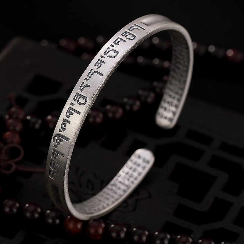 Buddha Stones 999 Sterling Silver Six True Words Heart Sutra Protection Bracelet Bangle