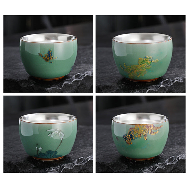 Buddha Stones 999 Sterling Silver Gilding Butterfly Goldfish Lotus Koi Fish Ceramic Teacup Kung Fu Tea Cup 120ml