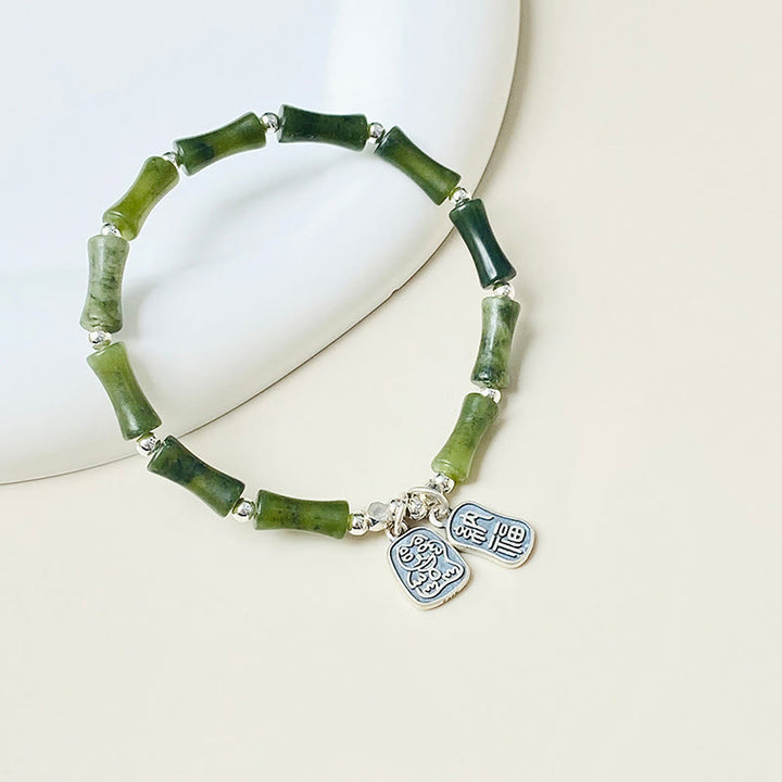 Buddha Stones 925 Sterling Silver Bamboo Jade Lucky Cat Fu Character Luck Abundance Bracelet