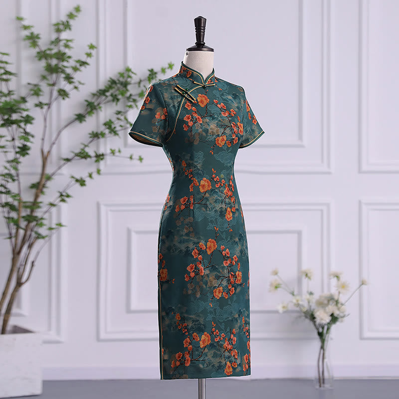 Buddha Stones Retro Flower Lotus Peony Feather Print Qipao Dress Women's Cheongsam Dress