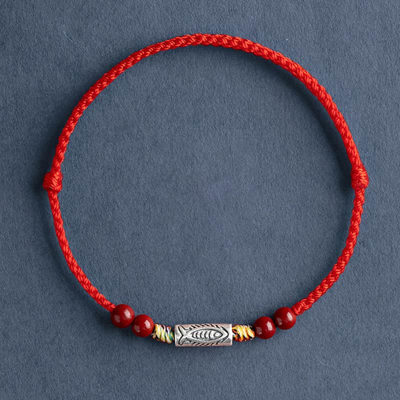 Buddha Stones 925 Sterling Silver Koi Fish Cinnabar Bead Wealth Handcrafted Braided Bracelet Anklet