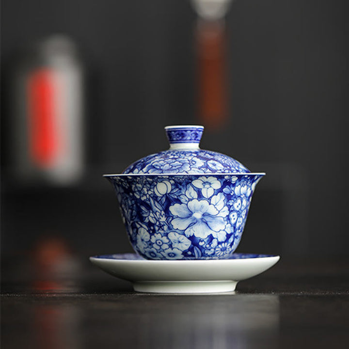 Buddha Stones Vintage Blue And White Porcelain Ceramic Gaiwan Sancai Teacup Kung Fu Tea Cup And Saucer With Lid