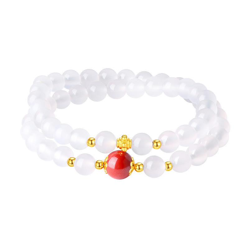 Buddha Stones 925 Sterling Silver Natural White Agate Cinnabar Double Wrap Protection Bracelet