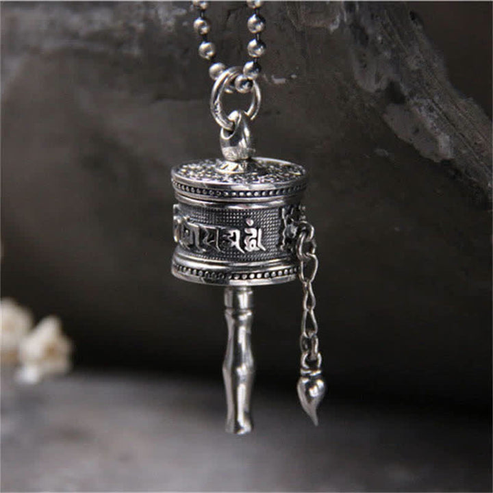 925 Sterling Silver Om Mani Padme Hum Prayer Wheel Purity Rotatable Necklace Pendant