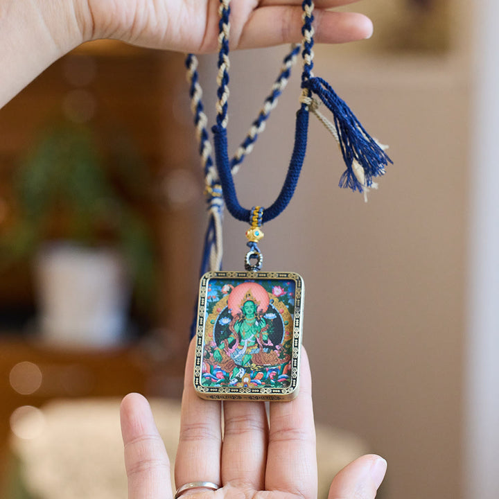 Buddha Stones Tibetan Green Tara Hand-Painted Thangka Buddha Protection Necklace Pendant