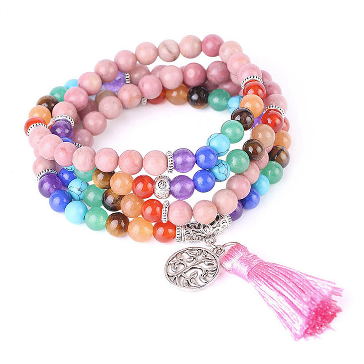 Buddha Stones 108 Mala Beads Rhodonite Blue Crystal Lazulite Healing Bracelet