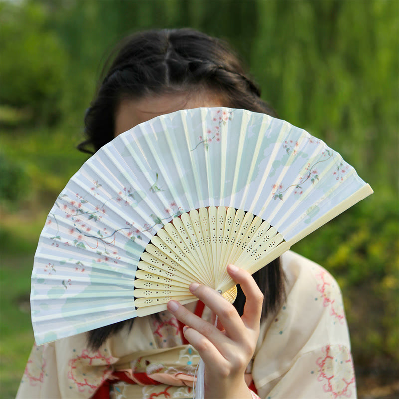 Buddha Stones Classic Birds Singing Flowers Handheld Bamboo Folding Fan