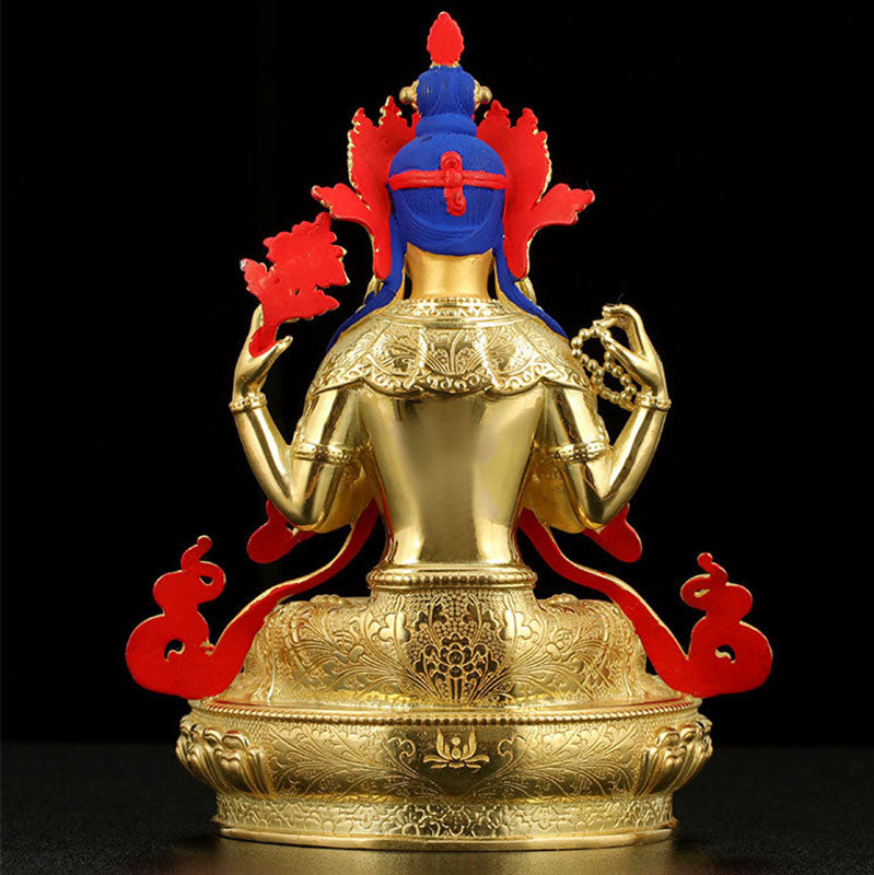 Chenrezig Four-armed Avalokitesvara Protection Copper Gold Plated Statue Decoration