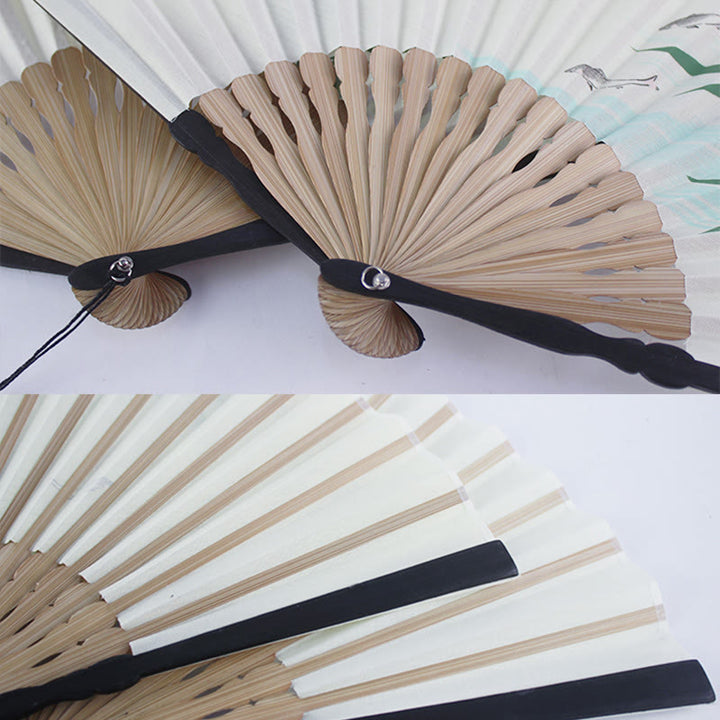 Buddha Stones Bamboo Koi Fish Crane Handheld Cotton Linen Folding Fan