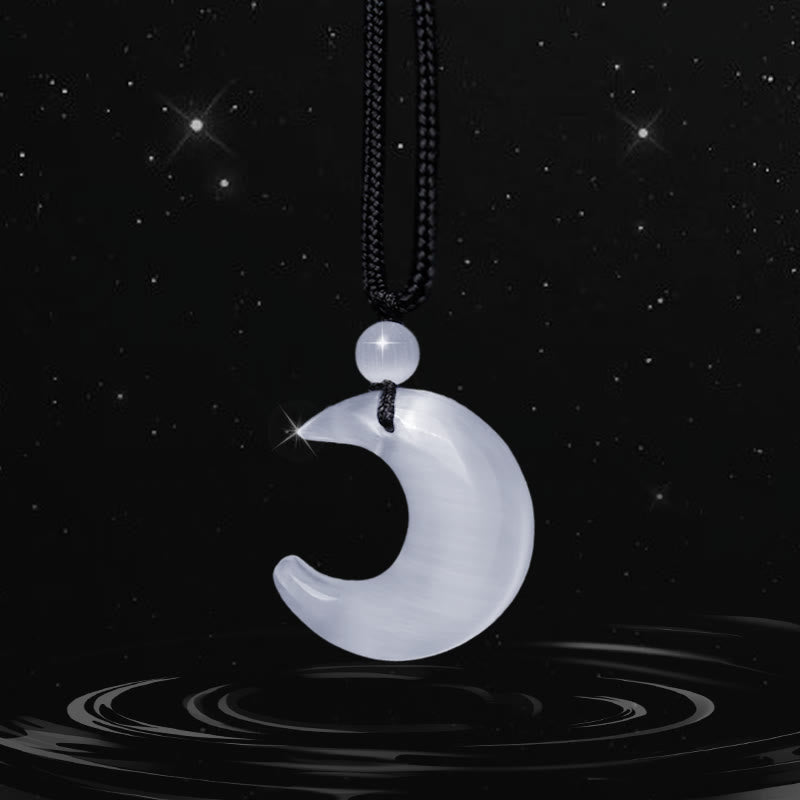 Buddha Stones Natural Silver Sheen Obsidian Selenite Crystal Crescent Moon Yin Yang Couple Protection Necklace Pendant