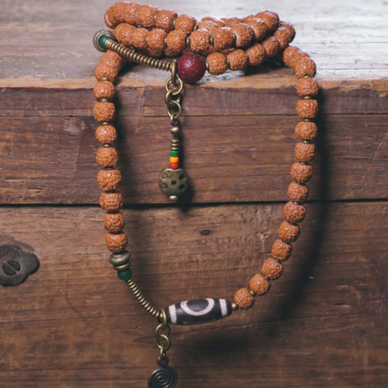 108 Mala Rudraksha Beads Bodhi Seed Dzi Bead Luck Auspiciousness Tassel Bracelet