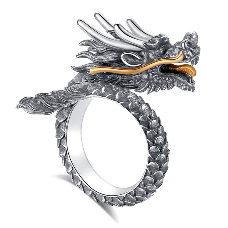 Buddha Stones 925 Sterling Silver Vintage Dragon Design Protection Strength Adjustable Ring