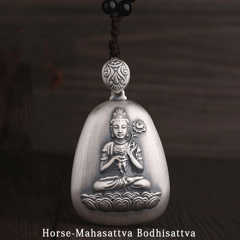 Buddha Stones 999 Sterling Silver Chinese Zodiac Natal Buddha Heart Sutra Engraved Protection Necklace Pendant